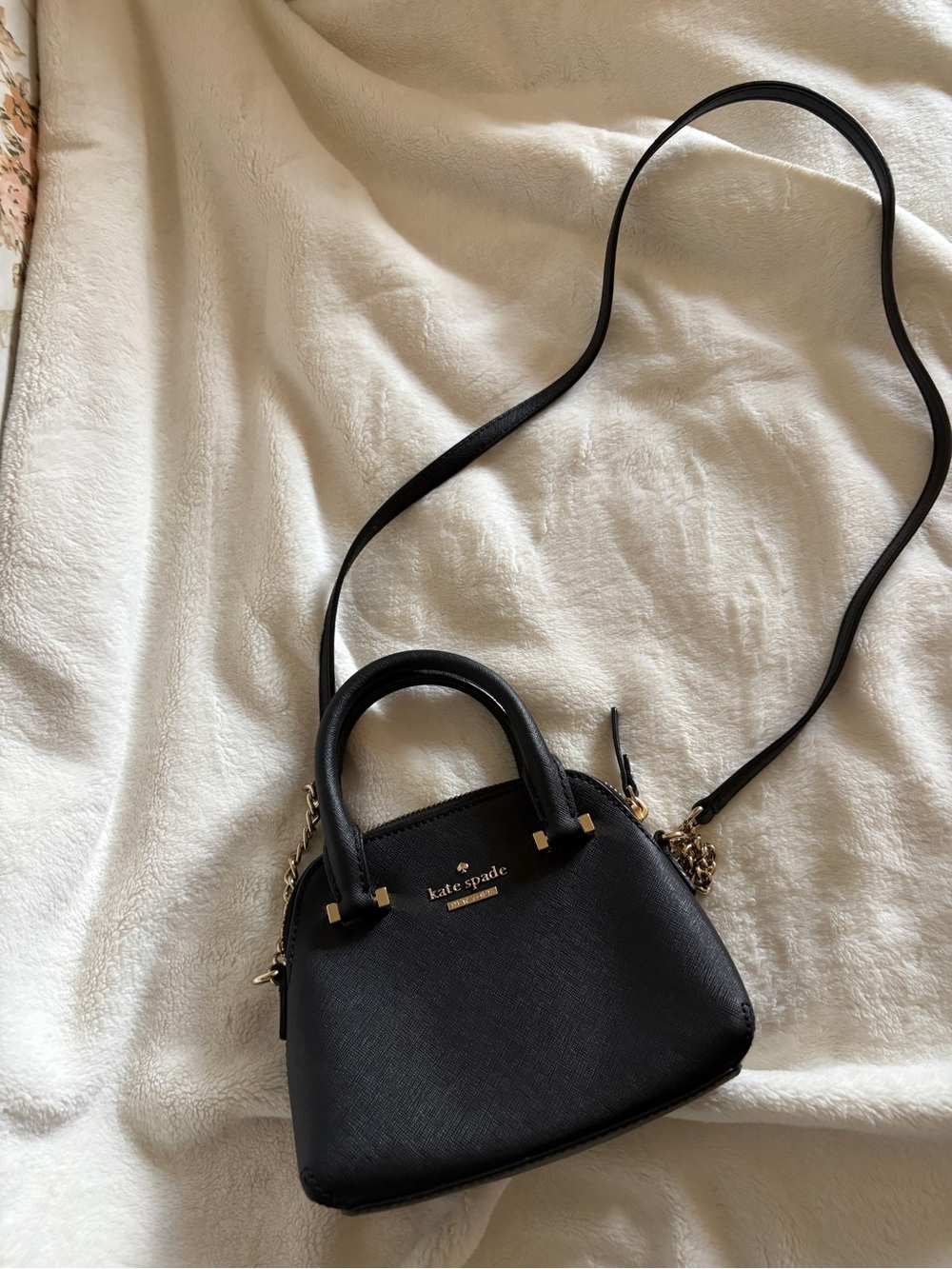kate spade Black Mini Saffiano Leather Dome Satchel Crossbody with Gold Hardware